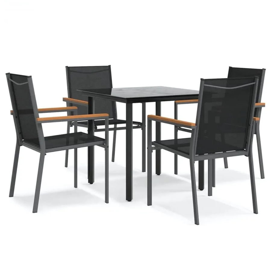 vidaXL 5-teilige Garten-Essgruppe in Schwarz aus Textilene und Stahl mit gehärtetem Glas - Bild 2