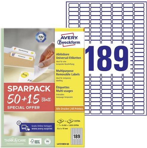 Avery Zweckform L4731REV-65 Universal-Etiketten Weiß, 65 Blatt, Wiederablösbar, Papier, 25,4 x 10 mm - Bild 1