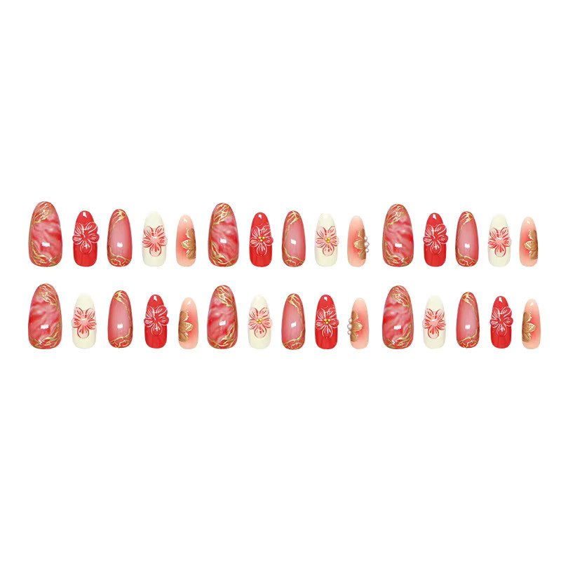 YADORNOS Kunstnägel, rote Blumen, Mandelform, rosa Rouge, Glänzend, 30 Stück - Bild 3