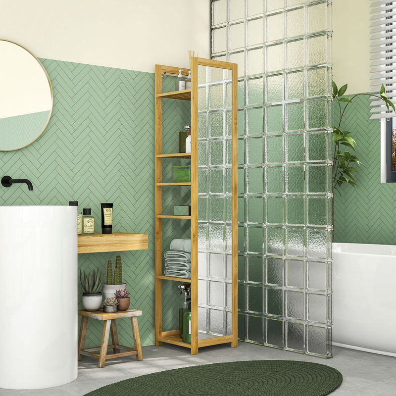 Aosom Badezimmer Hochschrank aus Naturbambus mit Spiegelregal und 6 Regalen, Braun, B/T/H: 35 x 35 x 168 cm - Bild 2