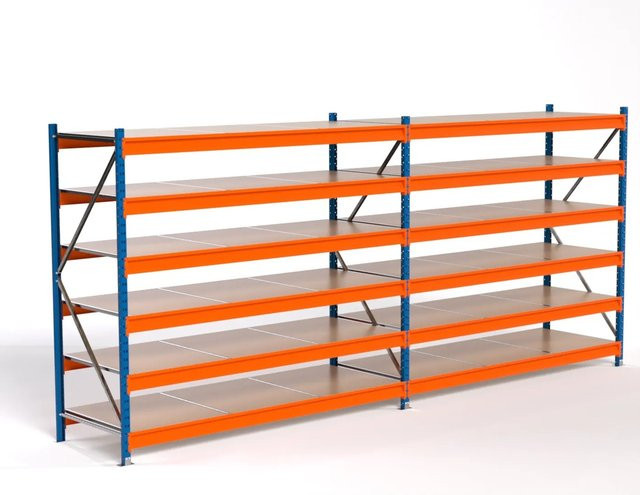 PROREGAL Industrie Weitspannregal MAXIMUS PRO Lagerregal mit 2 Feldern und 6 Spanplatten-Fachböden, Blau/Orange, H: 200 cm, B: 450 cm, T: 80 cm - Bild 1