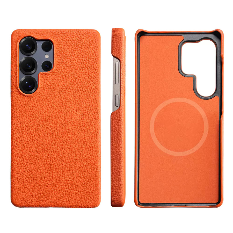 MagSafe-Schutzhülle aus natürlichem Rindsleder für Samsung Galaxy S26 S25 S24 Ultra Plus in Grau und Orange - Bild 1
