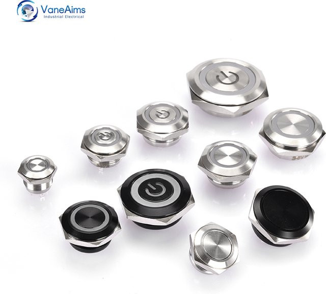 VaneAims Ultra-Kurzer Druckknopf aus Metall mit LED-Beleuchtung, Wasserdicht, Momentan Selbstrückstellend, 1NO, Farben: Blau und Silber - Bild 1