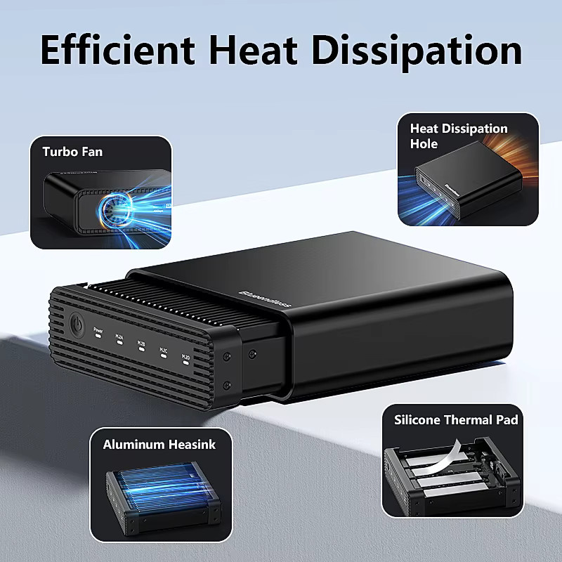 VBNM 4-Bay M.2 NVMe SSD-Gehäuse USB-C Externes Festplattengehäuse für 2230 2242 2260 2280 SSD mit Kühlventilator in Schwarz - Bild 5
