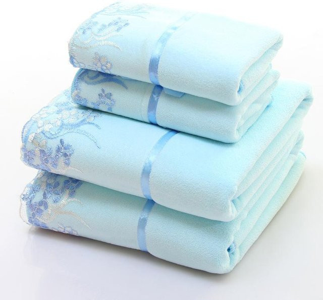 ZHPBD Mikrofaser Handtuch Set mit Spitze und Bestickung, blau, B/H: 35 x 75 cm - Bild 1