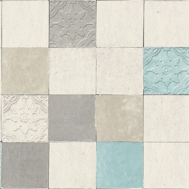 Profhome Tapete Kachelmuster in Grau, Blau und Beige mit geometrischem Design, matt, Vlies, 0,53 m x 10,05 m - Bild 1