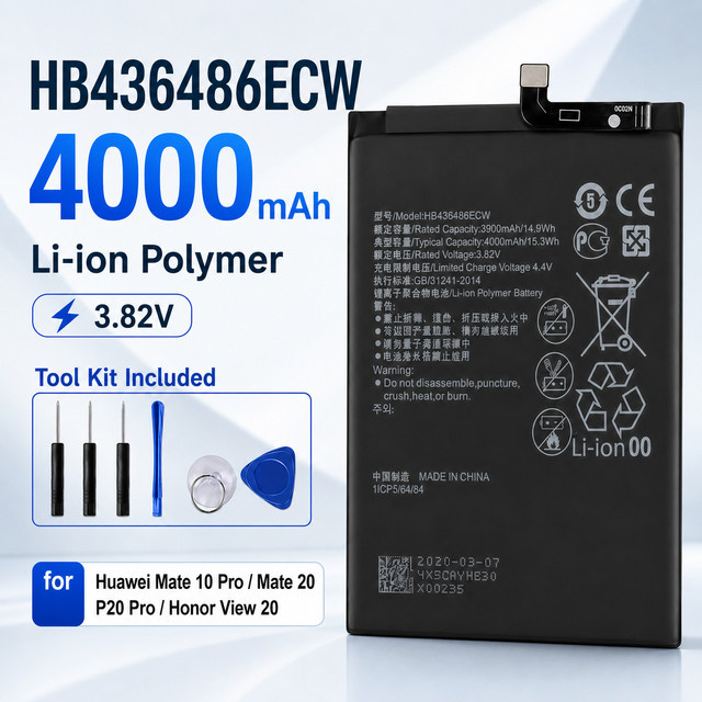 HB436486ECW Li-Polymer Akku 4000mAh 3,82V in Schwarz für Huawei Mate 10 Pro, P20 Pro, Honor 20 Pro, View 20, Nova 5Z und 5i Pro Reparatur-Set - Bild 1