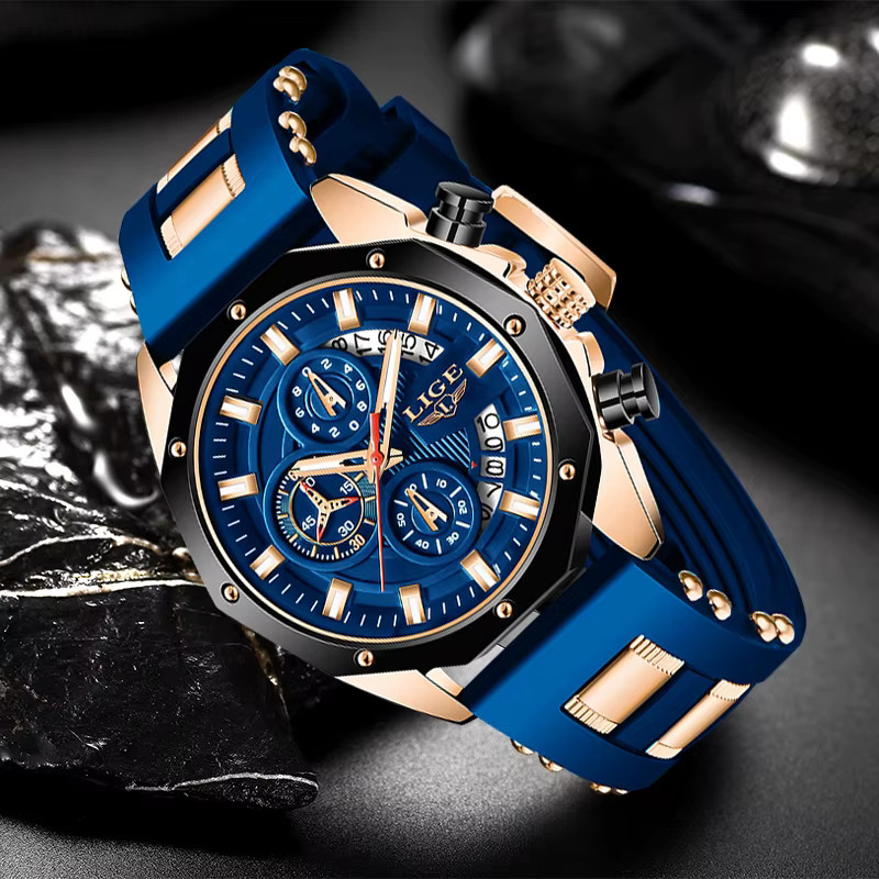 LIGE Armbanduhr Chronograph, Quarz, Silikon, Schwarz, Herren - Bild 2