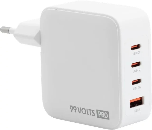 99VOLTS 140W GaN PD Power Adapter in Weiß mit 3 USB-C und 1 USB-A Anschluss - Bild 1