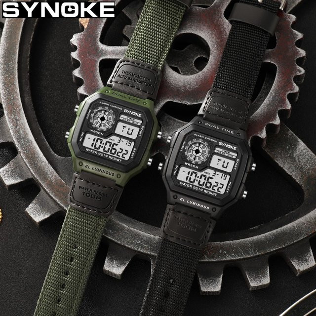 Synoke Digitaluhr, Herren, Schwarz, Textil/NATO, Leuchtzeiger - Bild 1