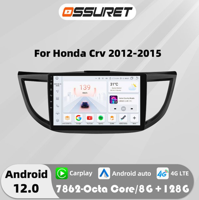 OSSURET Android 12 Autoradio mit 4G Carplay und GPS für Honda CRV CR V 2012-2016 in Schwarz - Bild 1