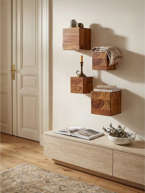 KADIMA DESIGN Wandregal Set aus Massivholz im Landhausstil, braun, 4er Set - Bild 1