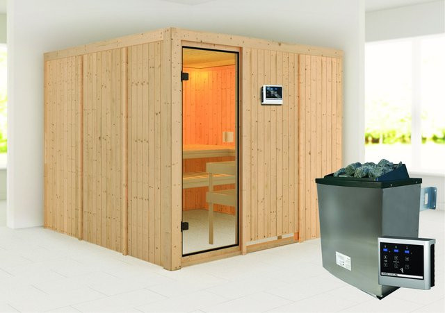 Karibu Sauna Arvika mit 9 kW Ofen, externem Steuergerät und bronzierter Glastür, Farbe Braun - Bild 1