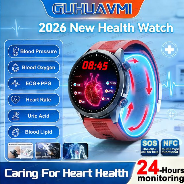 GUHUAVMI Smartwatch mit Dual-Modus Luftpumpe und Airbag zur echten Blutdruckmessung, 1,43 Zoll AMOLED Display, EKG, PPG, Harnsäure und Körpertemperatur Messung, Farbe: Rot - Bild 1