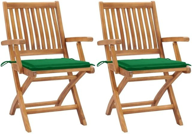 vidaXL Gartenstuhl Set aus 2 Stück aus Teak Massivholz mit grünen Polsterkissen und Armlehnen - Bild 1