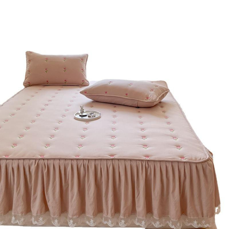 Rosa Spannbettlaken mit Spitze und Stickerei für Mädchenzimmer, B/B/H: 90 x 200 cm - Bild 2