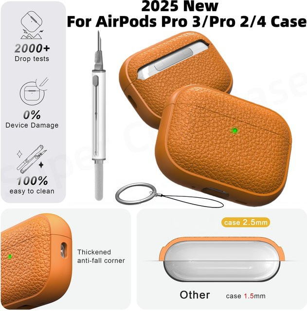 Schutzhülle für Apple AirPods Pro 3/Pro 2/4 aus weichem TPU im Lederdesign in Orange inklusive Schlüsselanhänger und Reinigungsset - Bild 1