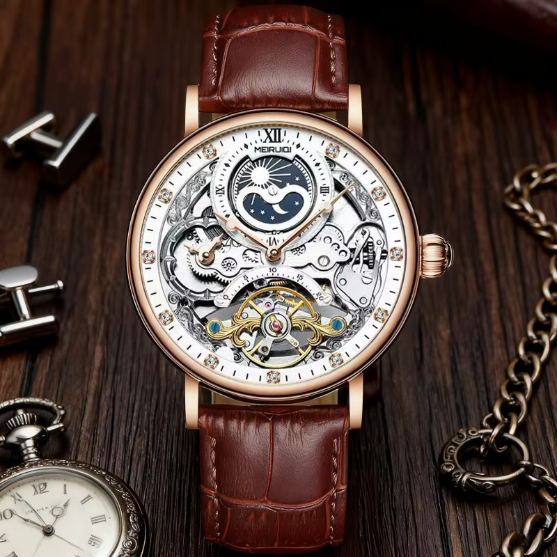 MEIRUIQI Armbanduhr Automatik, Roségold, Weiß, Braun, Herren - Bild 3