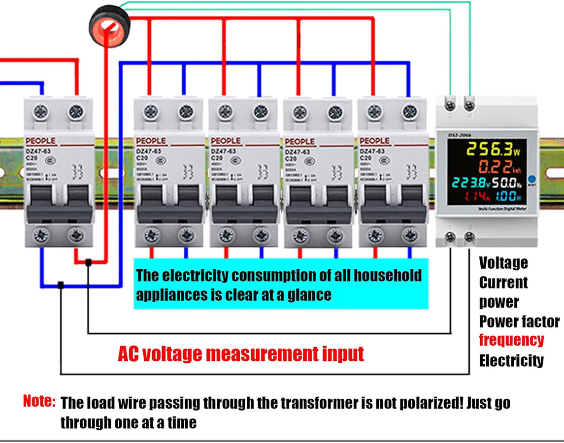 FXCOD Einphasen-Energiezähler für die DIN-Schiene in Weiß mit Voltmeter, Amperemeter, Watt, kWh und Frequenzleistungsmesser für AC 40–300 V und 100 A - Bild 3