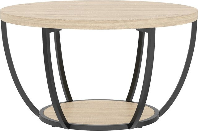 Aosom HOMCOM Rund-Couchtisch mit 2 Ablagen in Eiche und Schwarz, moderner Wohnzimmertisch mit Metallbeinen und abgerundeten Kanten, Durchmesser: 80 cm, Höhe: 43,8 cm - Bild 1