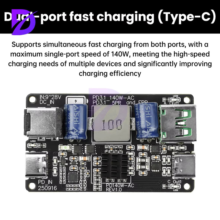 Diymore PD3.1 140 W Schnelllademodul Hochleistungs-DC Buck Dual Port USB-C Ladegerät in Schwarz - Bild 4