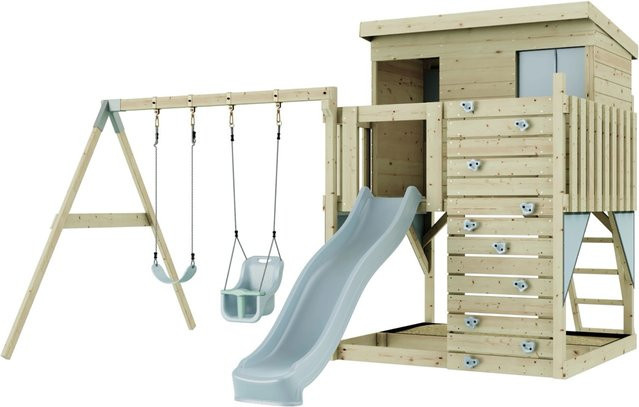 PolarPlay Spielturm Nils aus Holz mit Babyschaukel und Rutsche, Eisblau - Bild 1