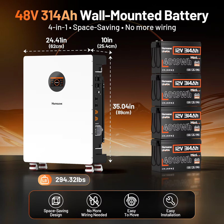 Humsienk 16kWh LiFePO4 48V (51.2V) 314Ah Lithium-Batterie 4er-Pack mit 200A BMS und CAN/RS485-Schnittstelle für Heimenergiespeicher und Solarsysteme - Bild 3