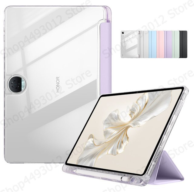 Honor Pad 9 Tablet Hülle mit Trifold Leder-Funktion, Acryl Hartschale und Stifthalter, Transparent Blau - Bild 1