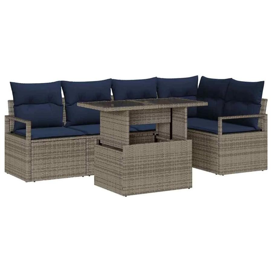 vidaXL Gartensofa-Set aus Poly-Rattan in L-Form, 6-teilig mit Kissen, Grau und Marineblau - Bild 2