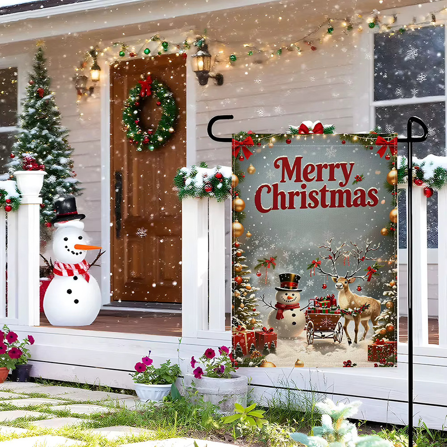 RoarGosh Frohe Weihnachten Gartenflagge doppelseitig mit Schneemann, Rentier und Elch, Mehrfarbig, B/H: 30 x 45 cm - Bild 4