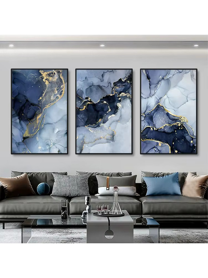 Potdemiel 3er Set Moderne Wandkunst Poster Abstrakte Marmor Leinwandbilder in Gold und Blau zur Wohnzimmer Dekoration - Bild 2