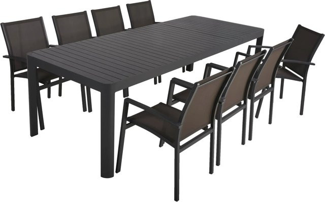 DELUKE Garten-Sitzgruppe ELINA 9-teilig aus Aluminium und Kunststoffgewebe in Dunkelgrau mit ausziehbarem Esstisch - Bild 1