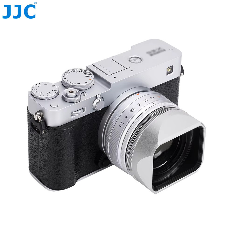 JJC quadratische Gegenlichtblende aus Metall in Silber für Fujifilm X-E5 mit XF 23 mm F2.8 R WR und XF 27 mm F2.8 R WR Objektiven inklusive Adapterring und Kappenabdeckung - Bild 1
