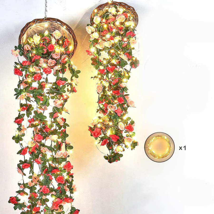 Rosa Rosen-Kunstblumen-Weihnachtsgirlande mit LED-Lichterkette, 250 cm Länge - Bild 2