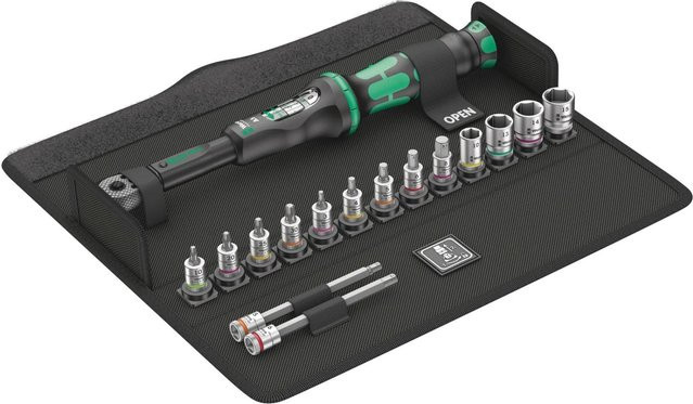 Wera Bicycle Set Torque 1 Drehmomentschlüssel-Set mit Ratschenfunktion, Bit- und Steckschlüsselsatz, 16-teilig, 1/4 Zoll, 2,5-25 N·m, Schwarz-Grün - Bild 1