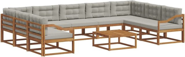 vidaXL Outdoor-Sofagarnitur aus Akazienholz mit 10-teiligem Set und Kissen in Natur und Grau - Bild 1