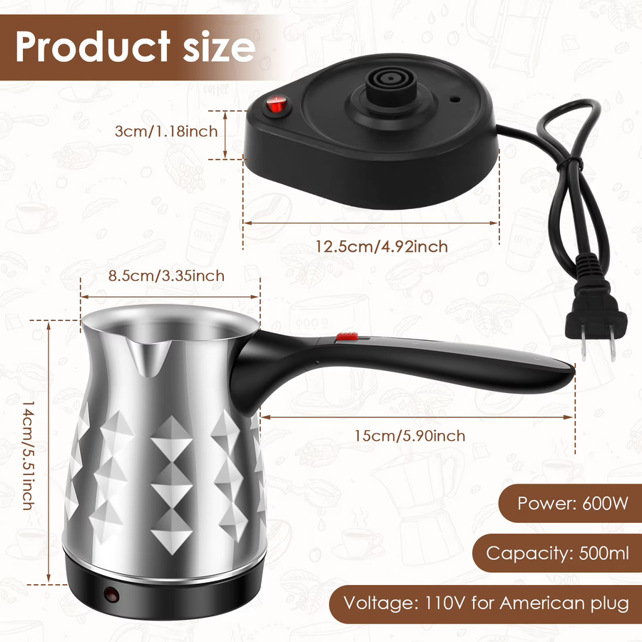 Elektrische türkische Kaffeemaschine aus Edelstahl in Silber, 500 ml Kaffeekanne mit Klappgriff - Bild 3