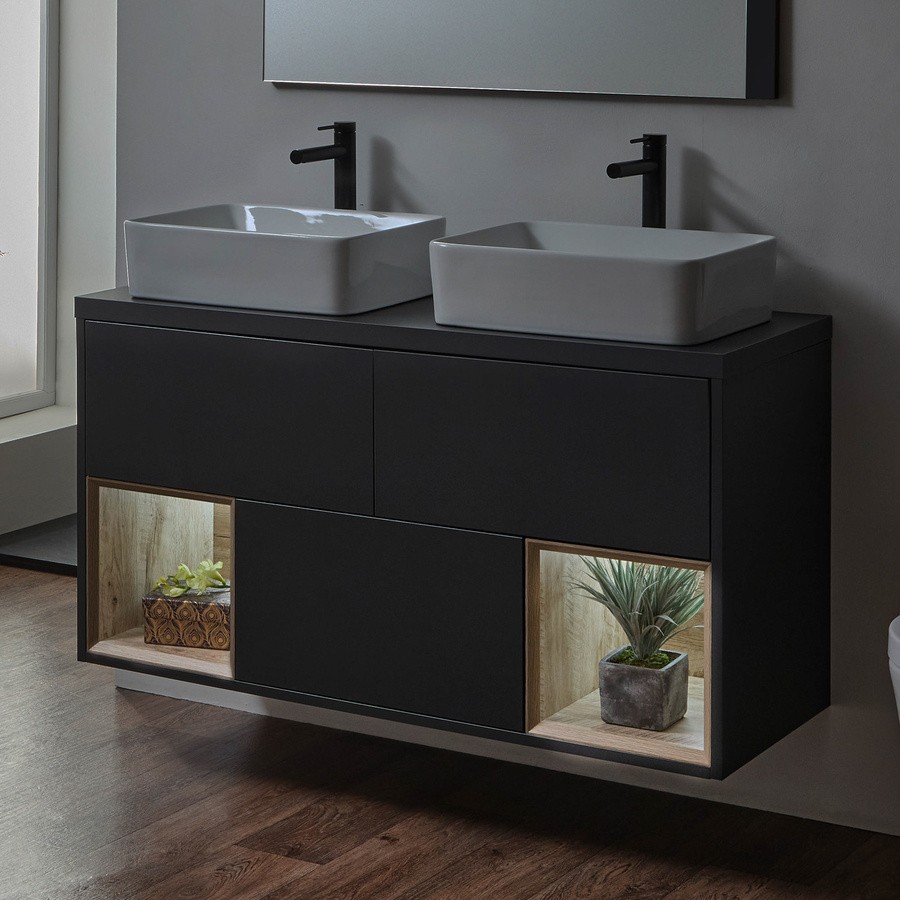 HudsonReed Waschtischunterschrank Hoxton in Dunkler Eichenoptik mit 2 versenkten Becken, Wandmontage, B/H/T: 120 x 46 x 63,6 cm - Bild 1