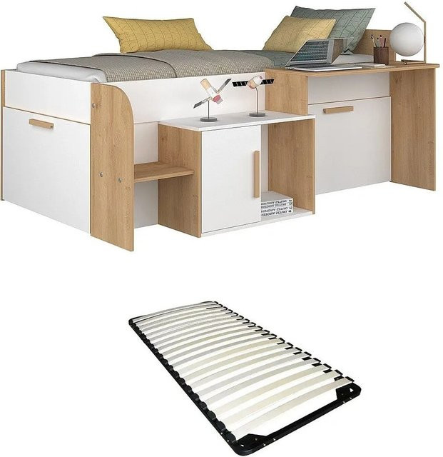 Vente-unique Bettkombination Pedro mit Schreibtisch und Lattenrost in Weiß, B/T/H: 206,4 x 90 x 134,6 cm - Bild 1