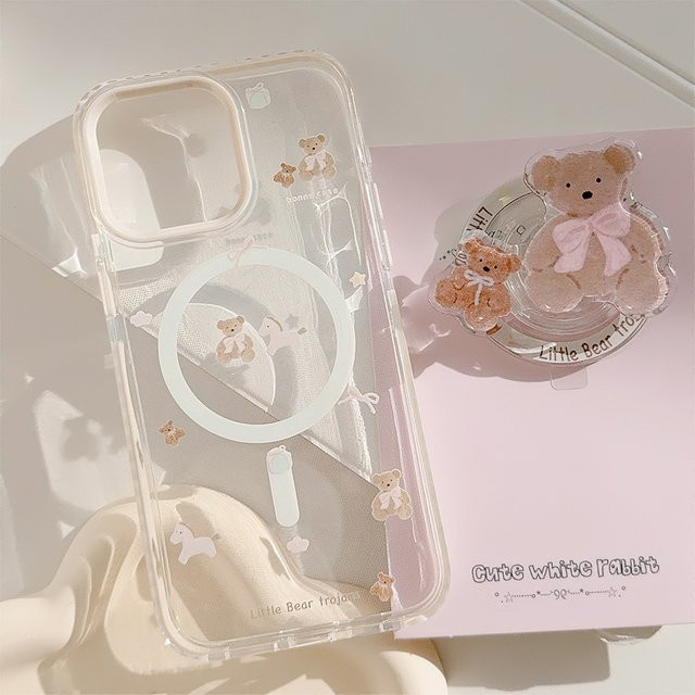 Magnetische iPhone Handyhülle mit Koreanischem Cartoon-Bär Design von Potdemiel, Transparent, Stoßfest und Kompatibel mit kabellosem Laden - Bild 1