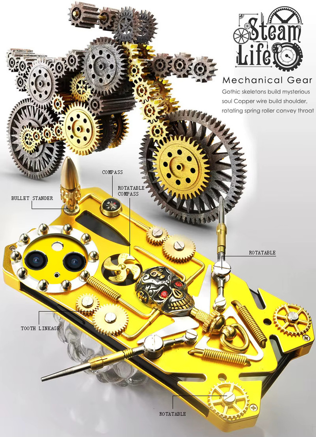 Stoßfeste Metall-Gear-Stand Handyhülle mit Totenkopf-Kompass-Design für iPhone 16 15 14 13 12 Pro Max 15 Plus in Gold und Gelb - Bild 3