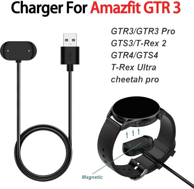 USB Smartwatch-Ladegerät für Amazfit GTR3, GTR3 Pro, GTS3, T-Rex 2, GTR4, GTS4 und T-Rex Ultra in Schwarz - Bild 1