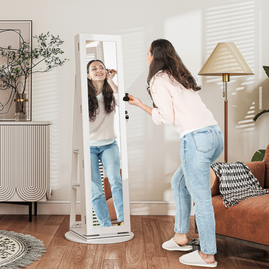 HOMCOM Schmuckschrank 3-in-1 mit Ganzkörperspiegel und Schlüsselverschluss, 360 Grad drehbar, Weiß, B/T/H: 55 x 55 x 161 cm, Aosom - Bild 2
