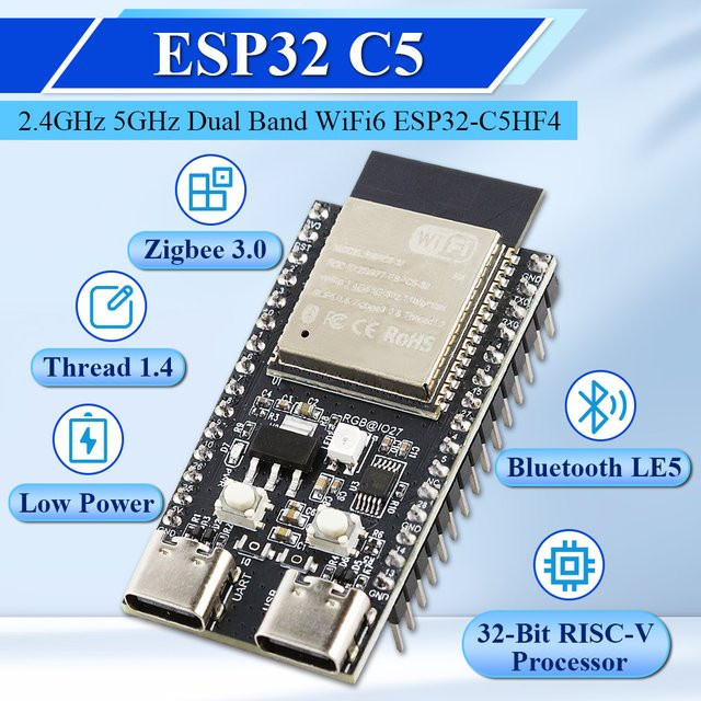 ESP32-C5 Entwicklungsboard ESP32C5-DevKitC-1 mit Dual-Frequenz 2,4 GHz und 5 GHz WiFi, 4 MB Flash, CH340, 32 Pins und USB-C Anschluss - Bild 1