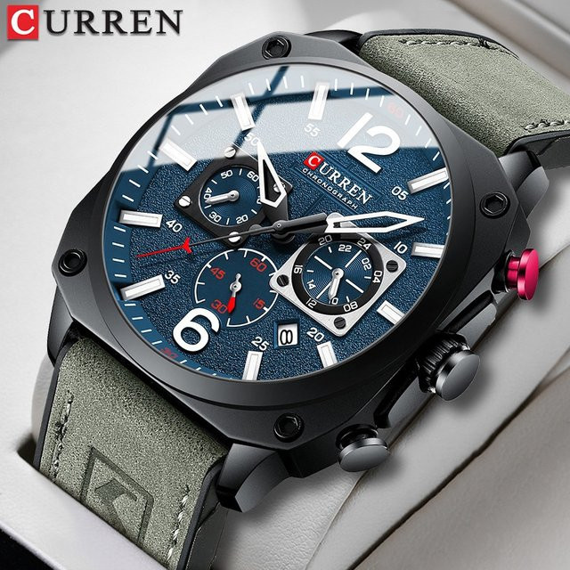 CURREN Armbanduhr Chronograph, Quarz, Edelstahl, Leder, 44 mm, Herren, Blau - Bild 1