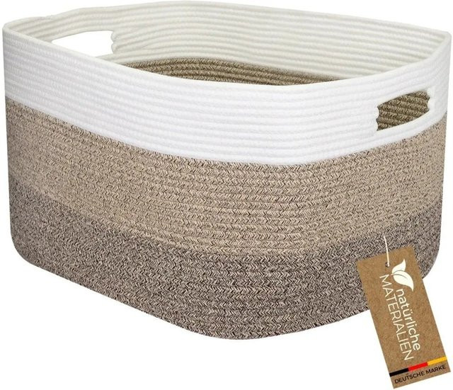HMF XXL Wäschekorb aus Baumwolle als eckiger Aufbewahrungskorb mit Griffen, Weiß-Braun, B: 55 cm, T: 43 cm, H: 30 cm - Bild 1