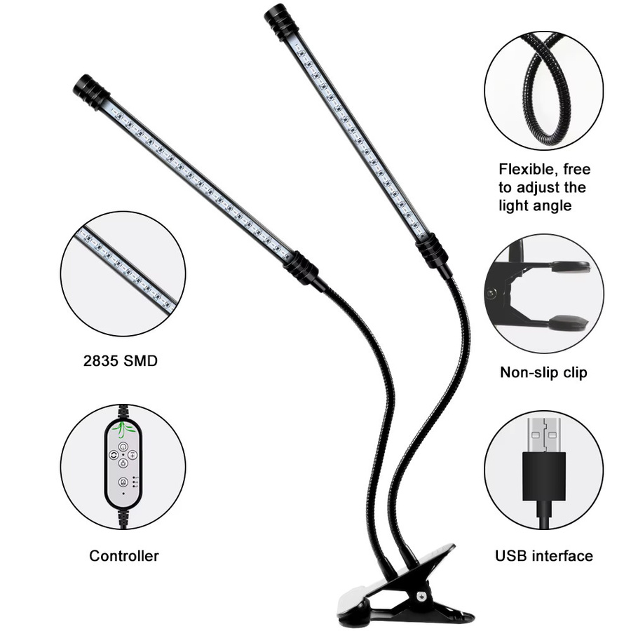Vollspektrum-LED-Pflanzenwachstumslichter in Schwarz mit USB-Anschluss und integriertem Timer für Gewächshäuser und Zimmerpflanzen - Bild 2