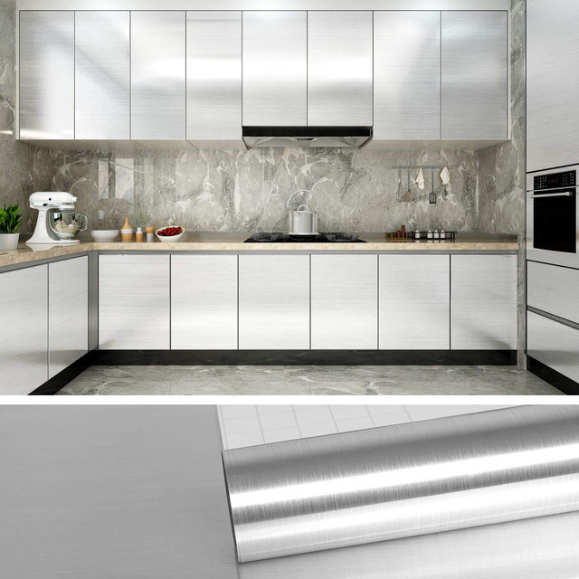 Dekorative PVC-Edelstahl-Tapete in Silber gebürstet, wasserdichte und ölbeständige Klebefolie für Küche, Kühlschrank und Schrank - Bild 1