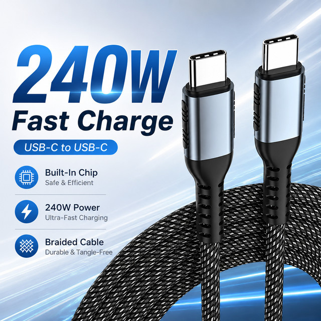 240W USB-C zu USB-C Schnellladekabel PD 3.1 mit E-Marker Chip, Nylon-ummanteltes Typ-C Ladekabel für Laptop, Tablet und Smartphone, Schwarz - Bild 1