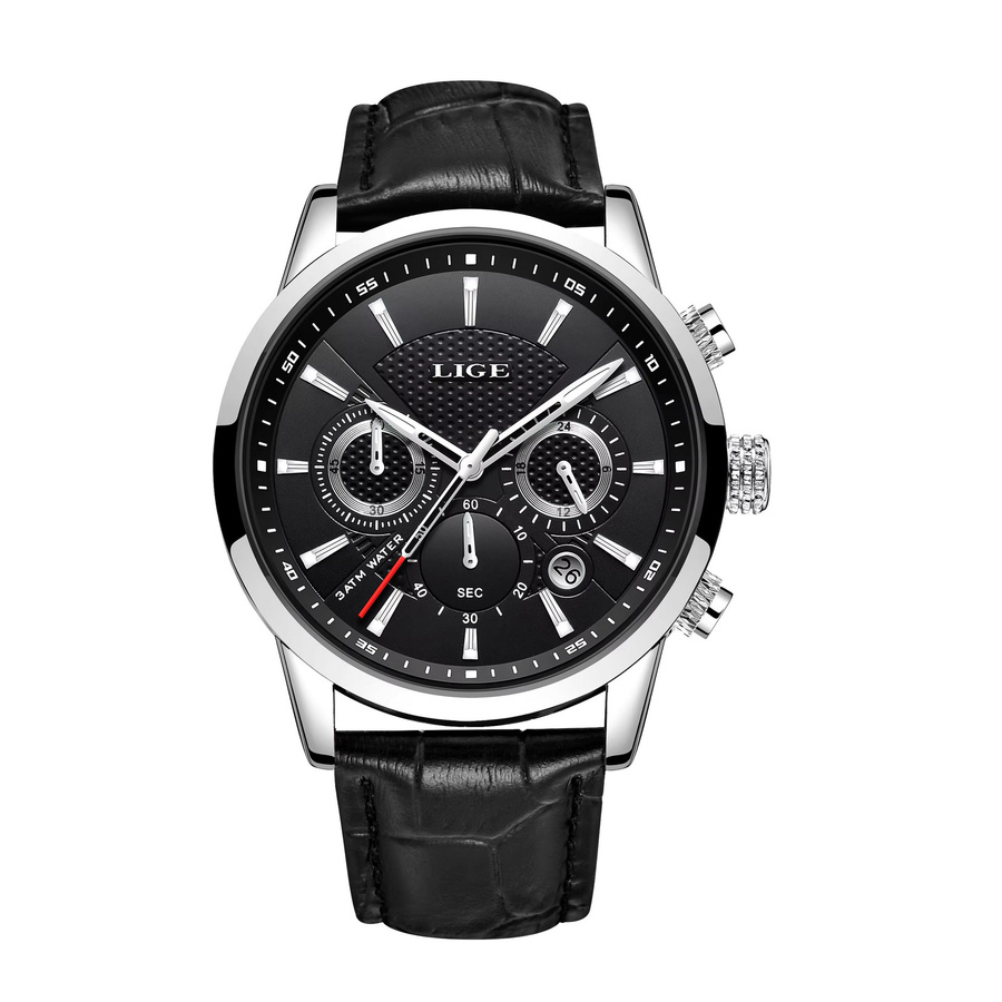 LIGE Armbanduhr Herren, Quarz, Leder, Schwarz, 3 ATM - Bild 6